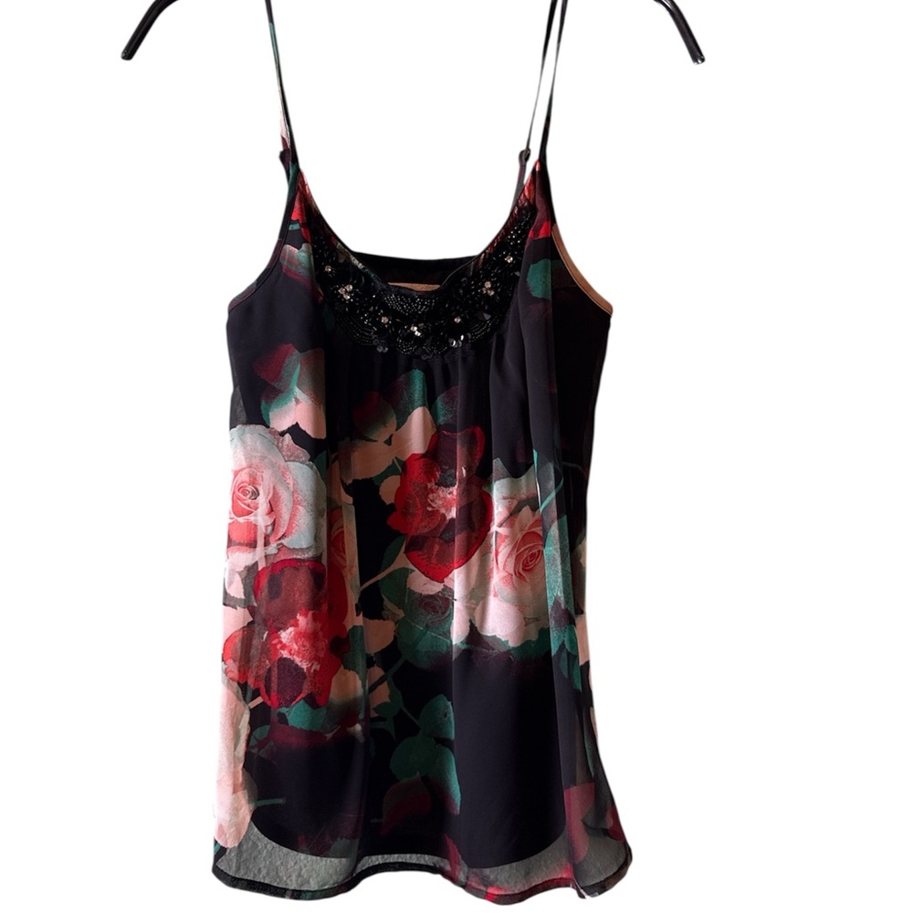 Candies Tank Top Black Multi Colored Floral Beaded Neckline Lined